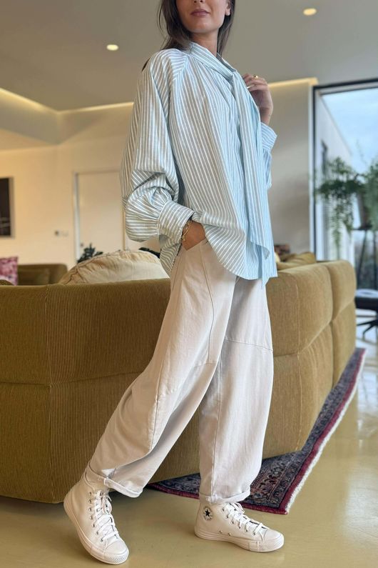 Nantucket Stripe Tie Neck Blouse Soft Sage